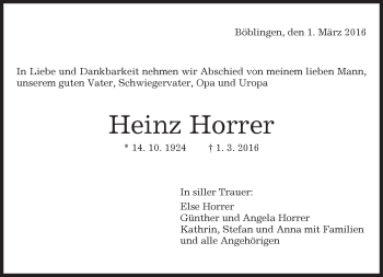 Traueranzeige von Heinz Horrer von Kreiszeitung Böblinger Bote