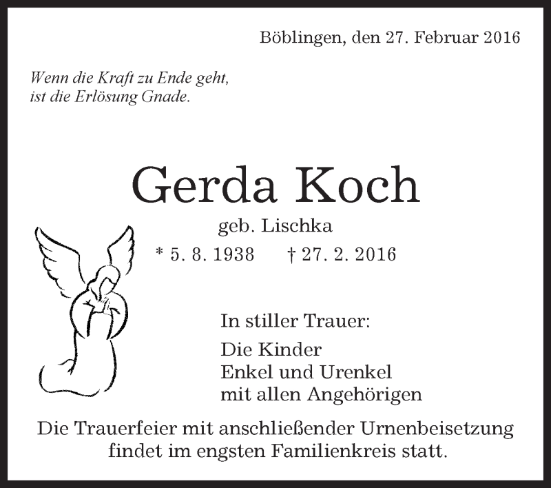  Traueranzeige für Gerda Koch vom 01.03.2016 aus Kreiszeitung Böblinger Bote