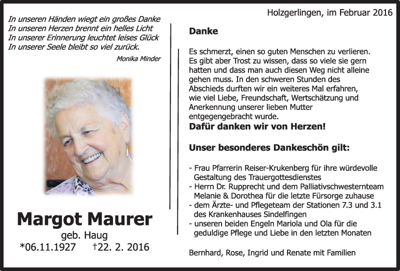 Traueranzeige für Margot Maurer vom 03.03.2016 aus Kreiszeitung Böblinger Bote