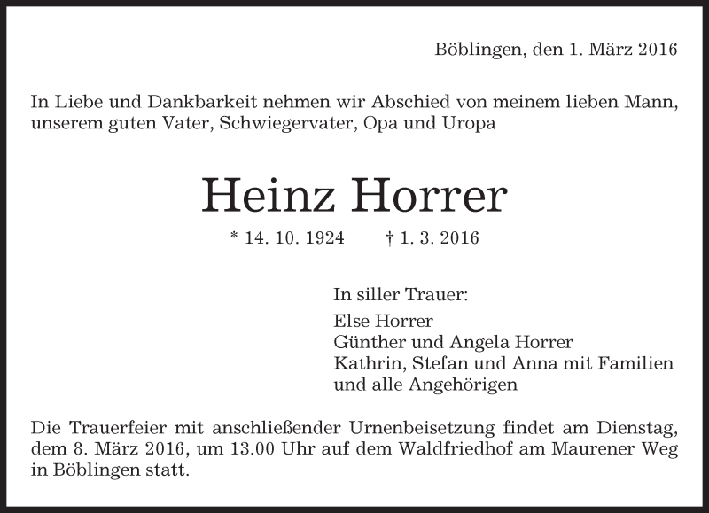  Traueranzeige für Heinz Horrer vom 05.03.2016 aus Kreiszeitung Böblinger Bote