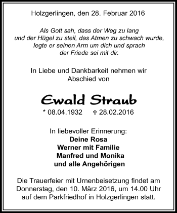 Traueranzeige von Ewald Straub von Kreiszeitung Böblinger Bote