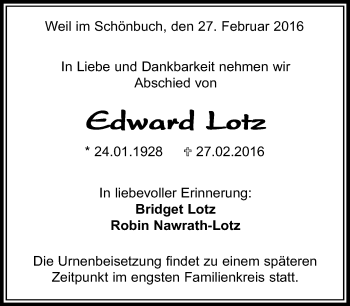 Traueranzeige von Edward Lotz von Kreiszeitung Böblinger Bote