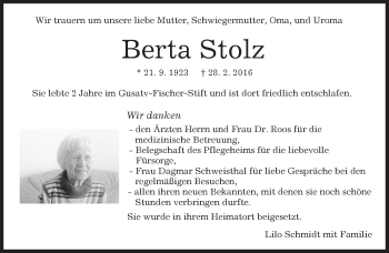 Traueranzeige von Berta Stolz von Kreiszeitung Böblinger Bote