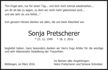 Traueranzeige von Sonja Pretscherer von Kreiszeitung Böblinger Bote