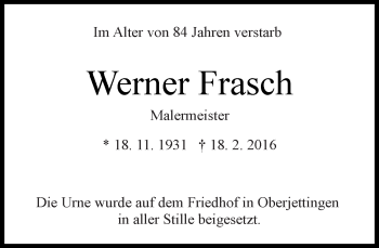 Traueranzeige von Werner Frasch von Kreiszeitung Böblinger Bote