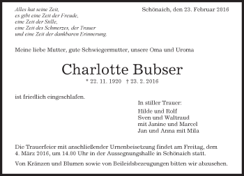 Traueranzeige von Charlotte Bubser von Kreiszeitung Böblinger Bote