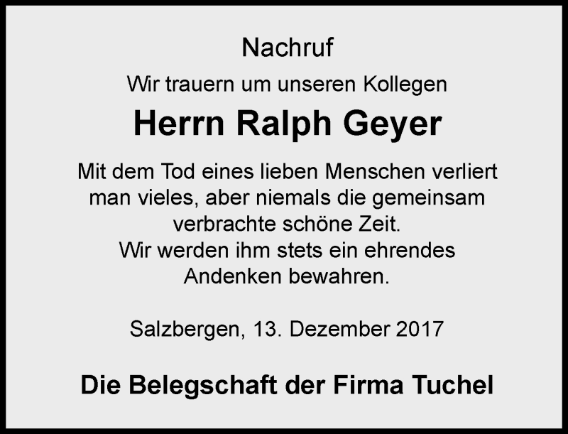  Traueranzeige für Ralph Geyer vom 14.12.2017 aus Kreiszeitung Böblinger Bote