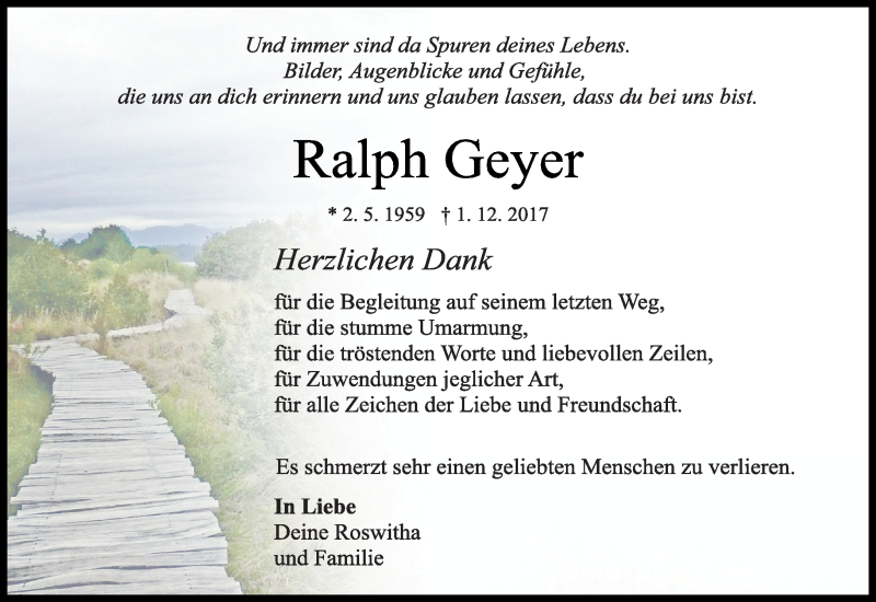  Traueranzeige für Ralph Geyer vom 21.12.2017 aus Kreiszeitung Böblinger Bote