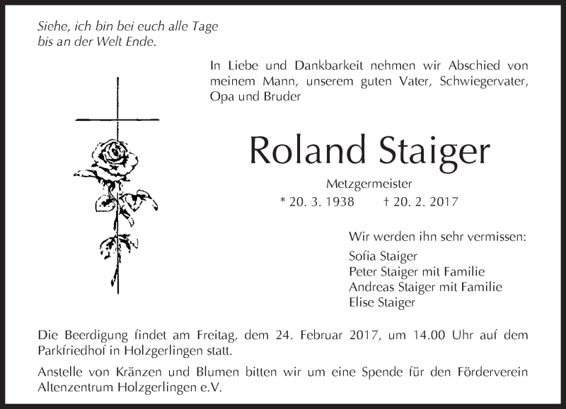  Traueranzeige für Roland Staiger vom 24.02.2017 aus Kreiszeitung Böblinger Bote