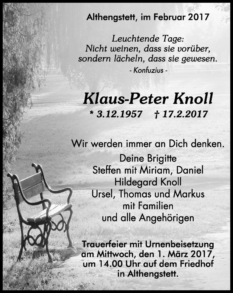  Traueranzeige für Klaus-Peter Knoll vom 25.02.2017 aus Kreiszeitung Böblinger Bote