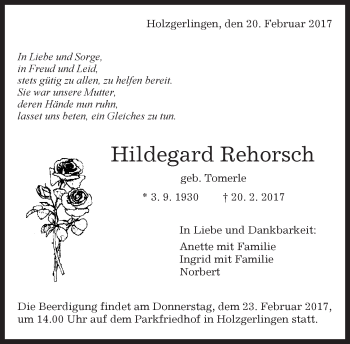 Traueranzeige von Hildegard Rehorsch von Kreiszeitung Böblinger Bote