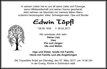 Traueranzeige von Edwin Töpfl von Kreiszeitung Böblinger Bote