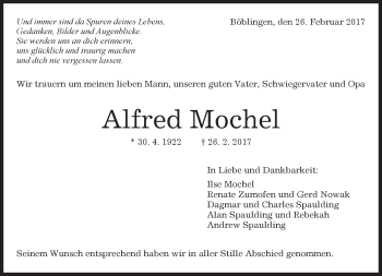Traueranzeige von Alfred Mochel von Kreiszeitung Böblinger Bote