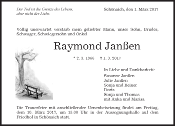 Traueranzeige von Raymond Janßen von Kreiszeitung Böblinger Bote