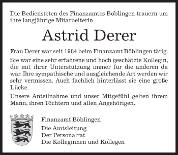 Traueranzeige von Astrid Derer von Kreiszeitung Böblinger Bote