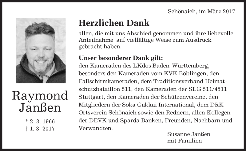  Traueranzeige für Raymond Janßen vom 23.03.2017 aus Kreiszeitung Böblinger Bote