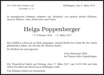 Traueranzeige von Helga Poppenberger von Kreiszeitung Böblinger Bote