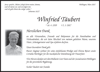 Traueranzeige von Winfried Täubert von Kreiszeitung Böblinger Bote