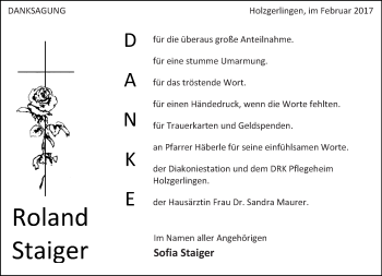 Traueranzeige von Roland Staiger von Kreiszeitung Böblinger Bote