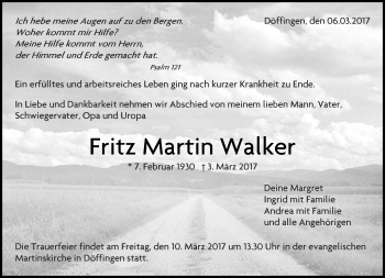 Traueranzeige von Fritz Martin Walker von Kreiszeitung Böblinger Bote