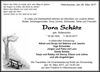 Traueranzeige von Dora Schütz von Kreiszeitung Böblinger Bote