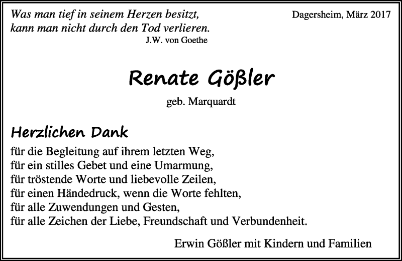  Traueranzeige für Renate Gößler vom 17.03.2017 aus Kreiszeitung Böblinger Bote