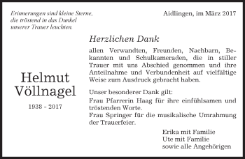 Traueranzeige von Helmut Völlnagel von Kreiszeitung Böblinger Bote