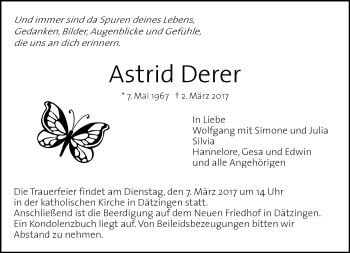 Traueranzeige von Astrid Derer von Kreiszeitung Böblinger Bote
