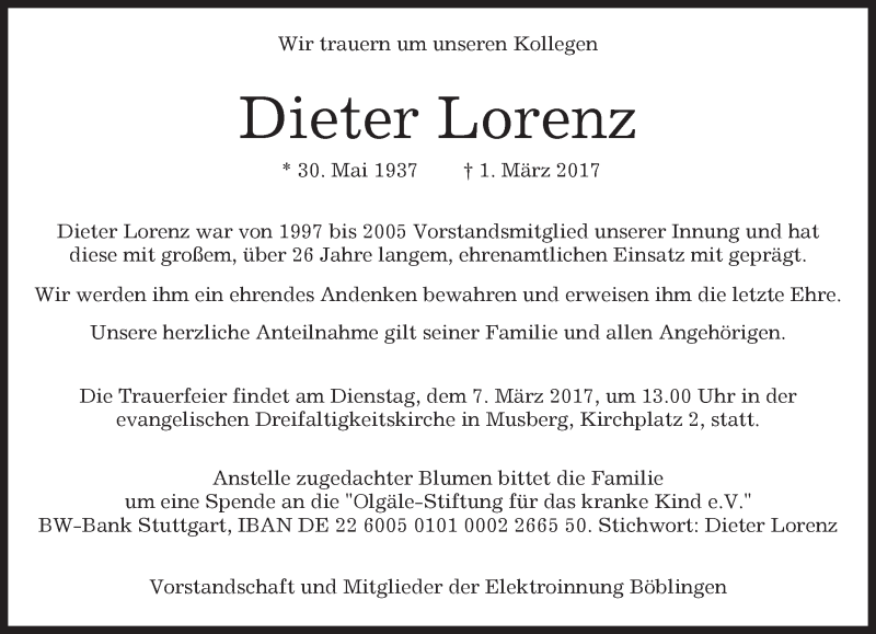  Traueranzeige für Dieter Lorenz vom 04.03.2017 aus Kreiszeitung Böblinger Bote