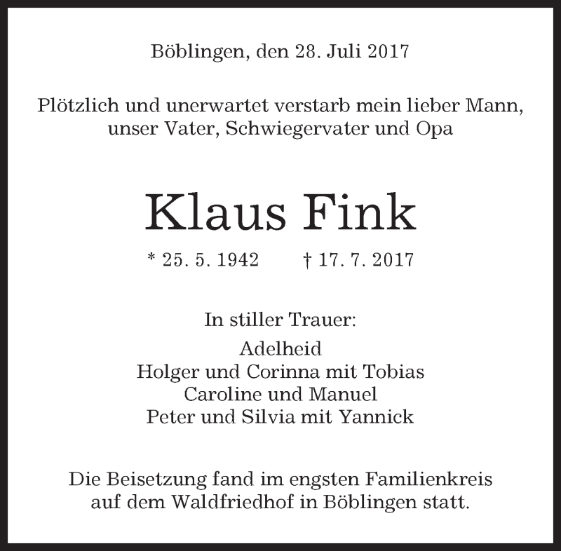  Traueranzeige für Klaus Fink vom 28.07.2017 aus Kreiszeitung Böblinger Bote