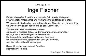Traueranzeige von Inge Fischer von Kreiszeitung Böblinger Bote