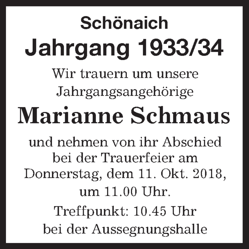  Traueranzeige für Marianne Schmaus vom 10.10.2018 aus Kreiszeitung Böblinger Bote