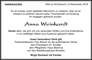 Traueranzeige von Anna Weinhardt von Kreiszeitung Böblinger Bote