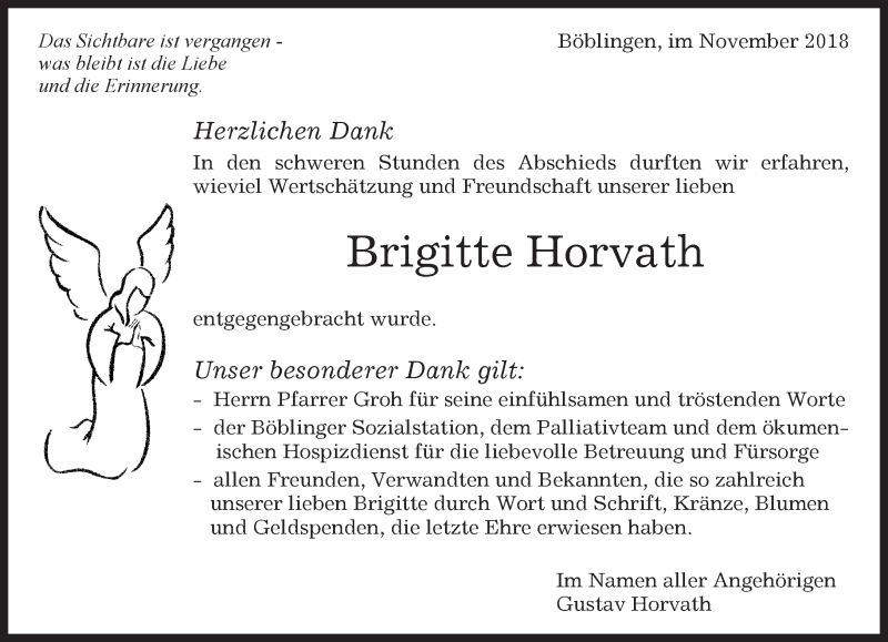  Traueranzeige für Brigitte Horvath vom 23.11.2018 aus Kreiszeitung Böblinger Bote