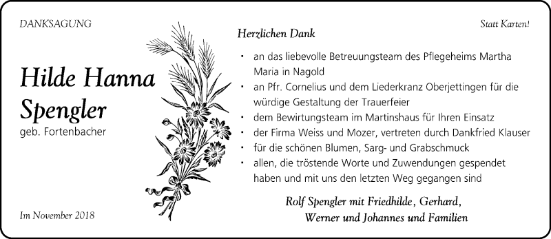  Traueranzeige für Hilde Hanna Spengler vom 29.11.2018 aus Kreiszeitung Böblinger Bote
