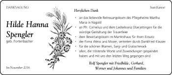 Traueranzeige von Hilde Hanna Spengler von Kreiszeitung Böblinger Bote