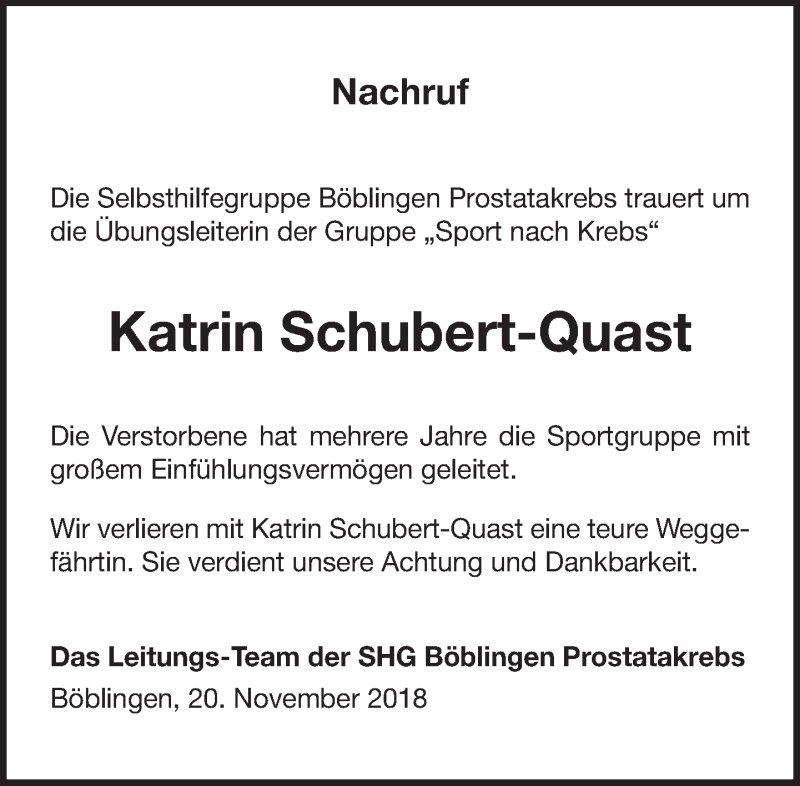  Traueranzeige für Katrin Schubert-Quast vom 21.11.2018 aus Kreiszeitung Böblinger Bote