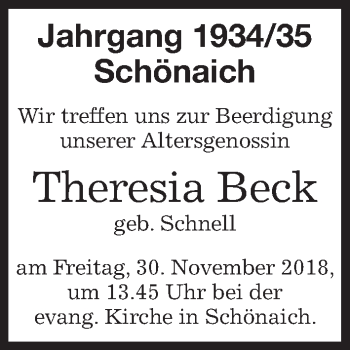 Traueranzeige von Theresia Beck von Kreiszeitung Böblinger Bote