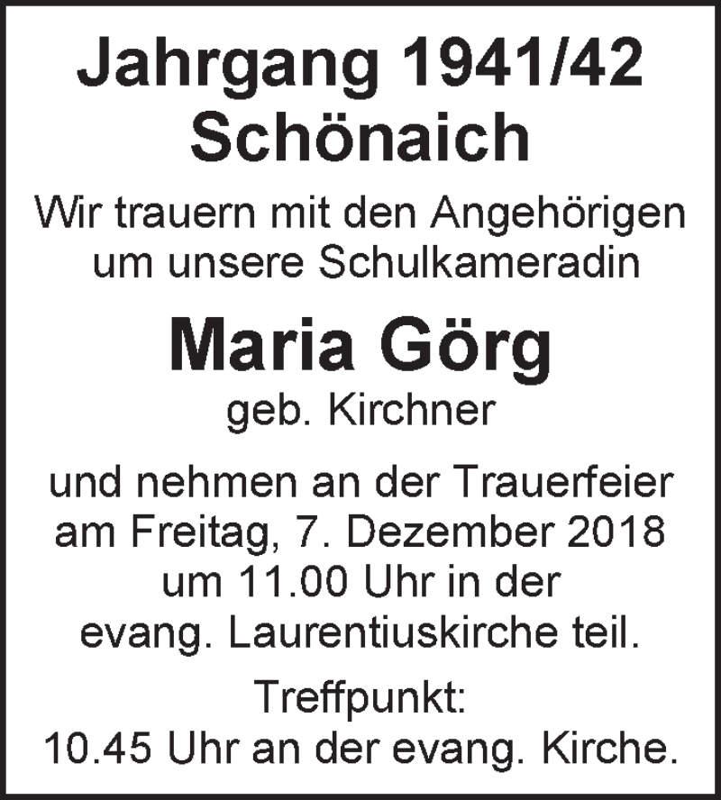  Traueranzeige für Maria Görg vom 07.12.2018 aus Kreiszeitung Böblinger Bote