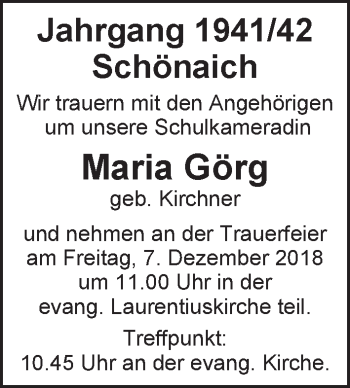 Traueranzeige von Maria Görg von Kreiszeitung Böblinger Bote