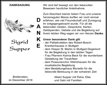 Traueranzeige von Sigrid Supper von Kreiszeitung Böblinger Bote