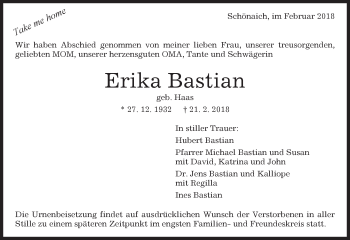 Traueranzeige von Erika Bastian von Kreiszeitung Böblinger Bote