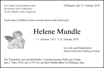 Traueranzeige von Helene Mundle von Kreiszeitung Böblinger Bote