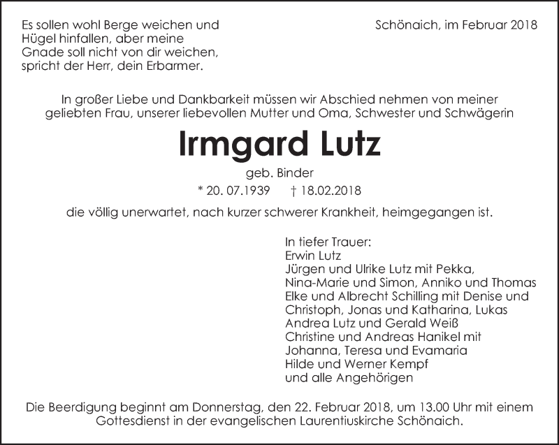  Traueranzeige für Irmgard Lutz vom 21.02.2018 aus Kreiszeitung Böblinger Bote
