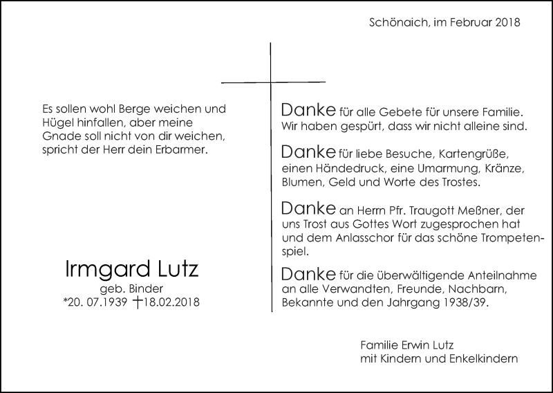  Traueranzeige für Irmgard Lutz vom 27.02.2018 aus Kreiszeitung Böblinger Bote