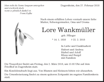 Traueranzeige von Lore Wankmüller von Kreiszeitung Böblinger Bote
