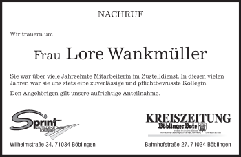 Traueranzeige von Lore Wankmüller von Kreiszeitung Böblinger Bote