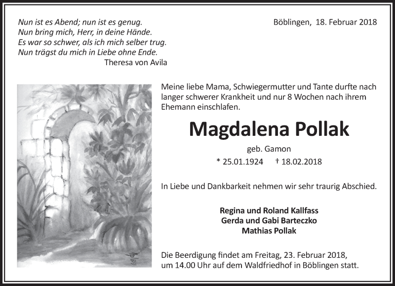  Traueranzeige für Magdalena Pollak vom 20.02.2018 aus Kreiszeitung Böblinger Bote
