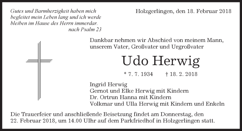  Traueranzeige für Udo Herwig vom 21.02.2018 aus Kreiszeitung Böblinger Bote