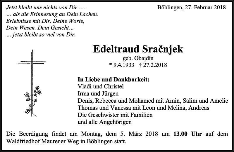  Traueranzeige für Edeltraud Sracnjek vom 01.03.2018 aus Kreiszeitung Böblinger Bote
